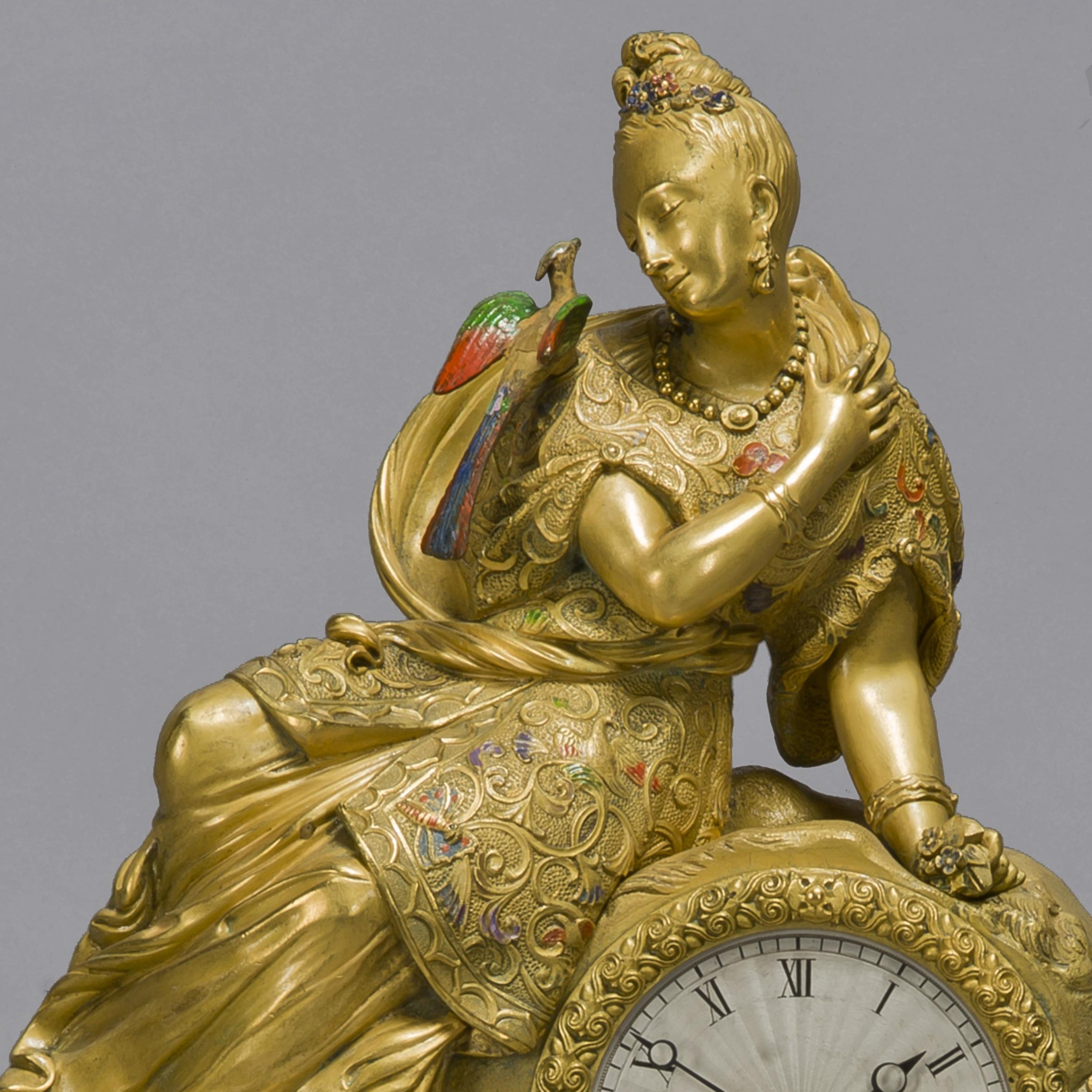 Ormolu Chinoiserie Style Gilt-Bronze and Enamel Figural Clock For Sale