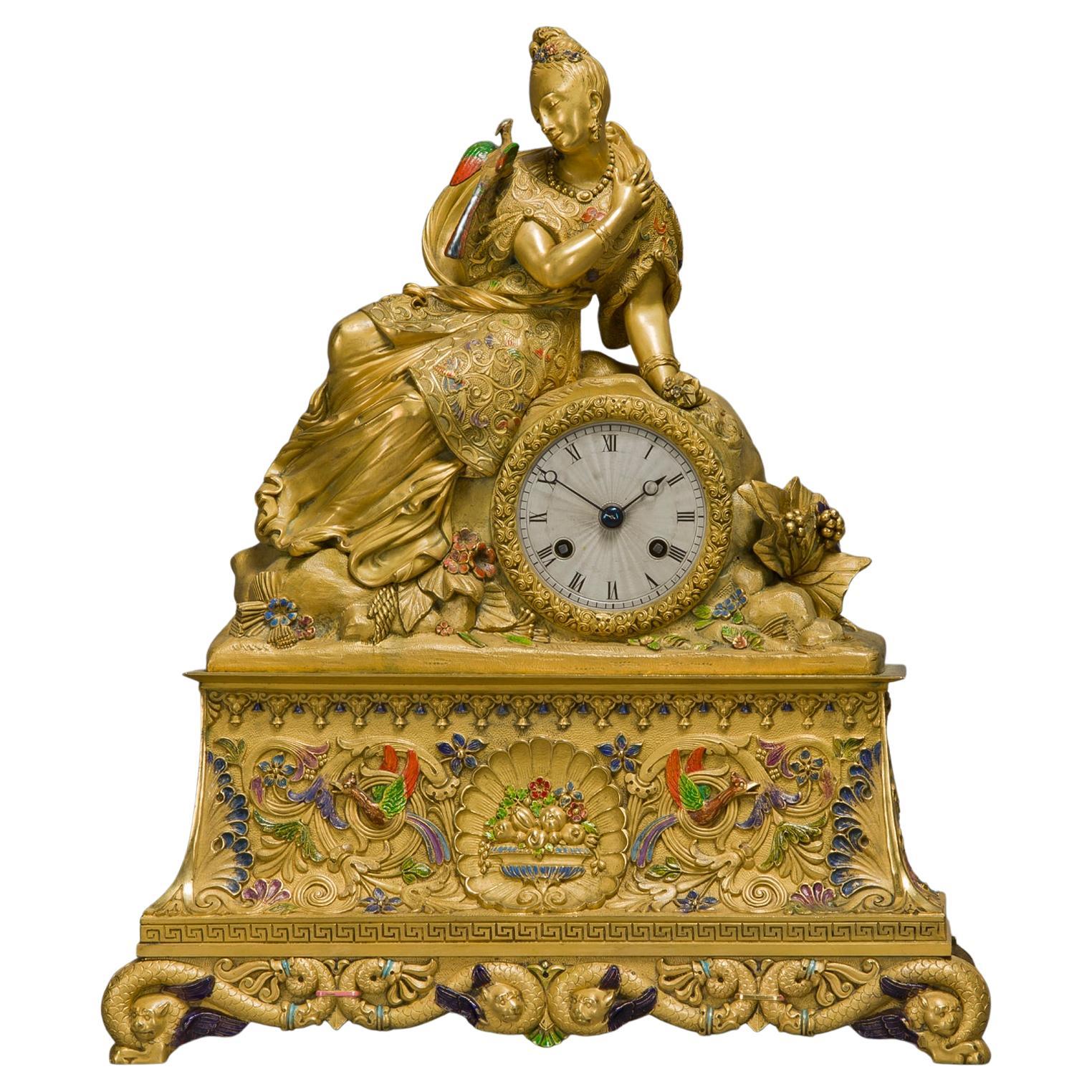 Chinoiserie Style Gilt-Bronze and Enamel Figural Clock For Sale