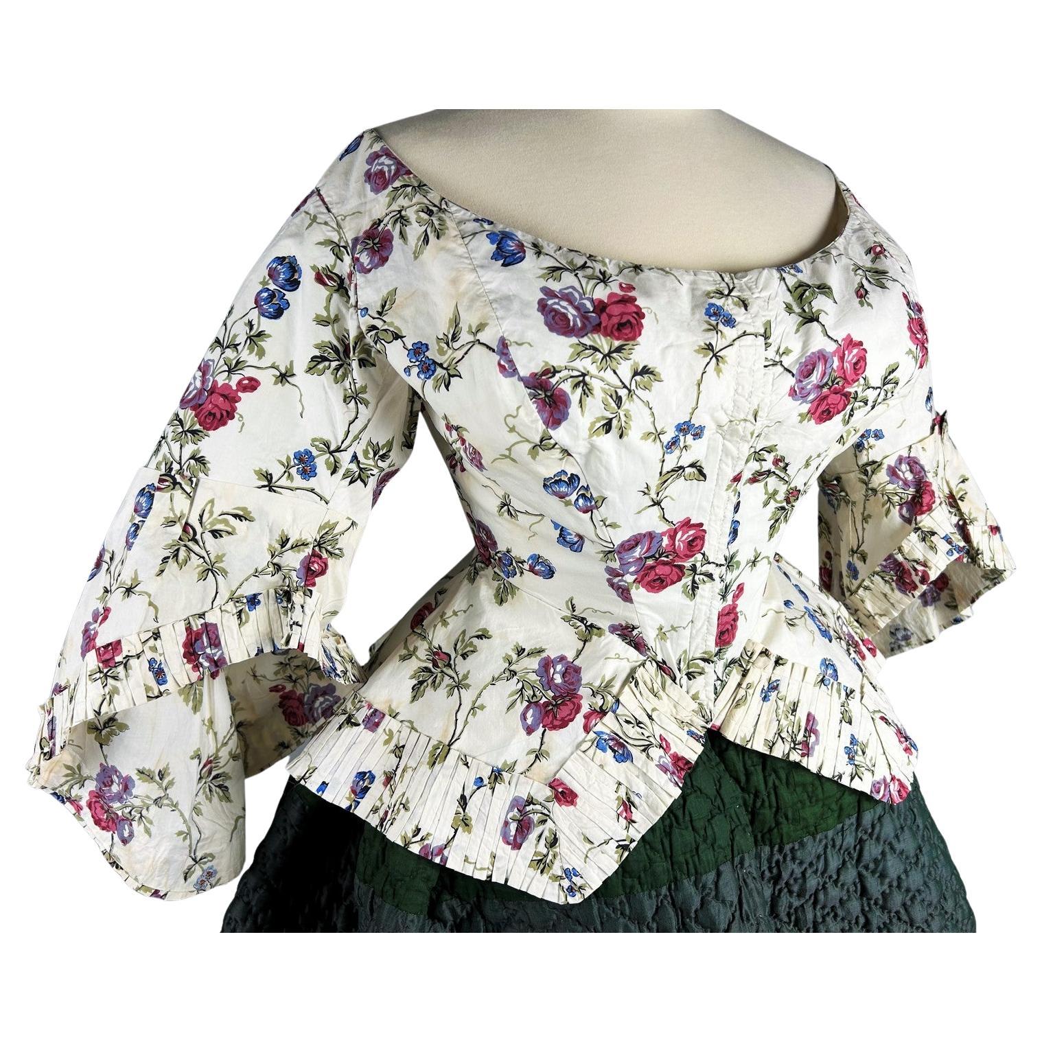 A chintz casaquin with Pagoda Sleeves and Falbalas French Circa 1860 For Sale