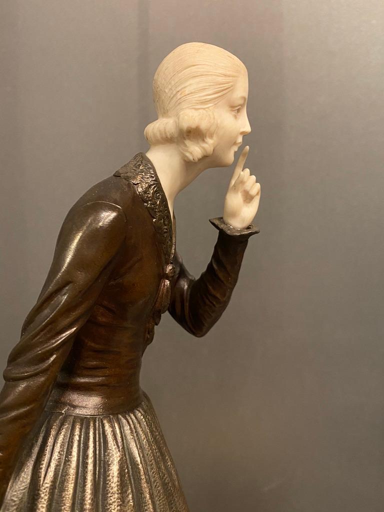 Molded Chiparus Bronze and Bone Art Deco Hush Sculpture For Sale