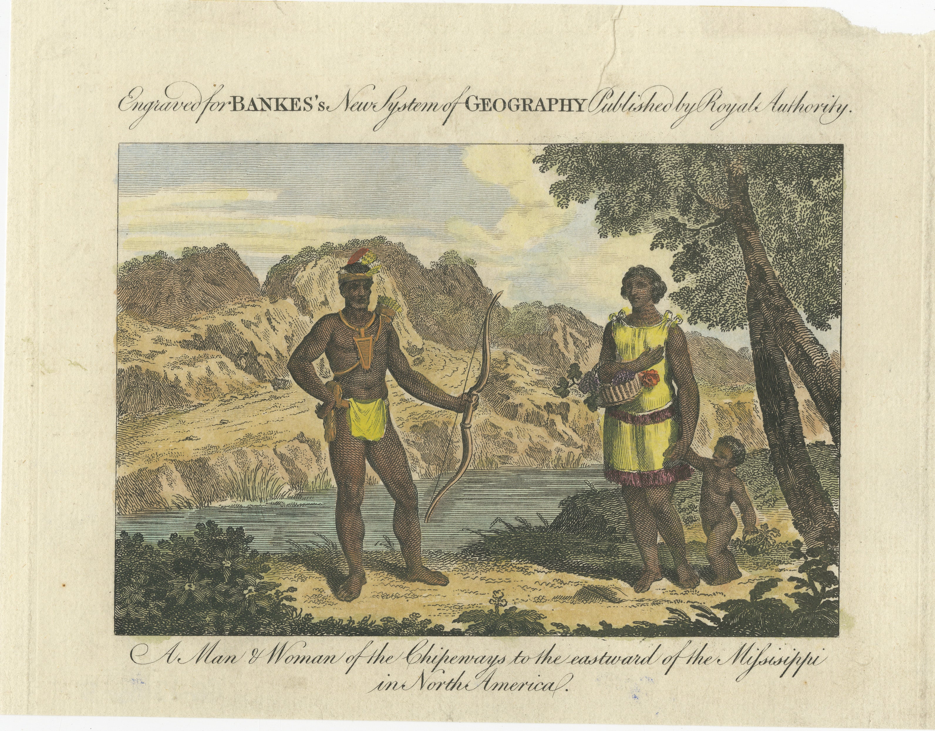 Original antique and hand-colored engraving of people of the Chippewa tribe in American.

The upper part of the print says, 