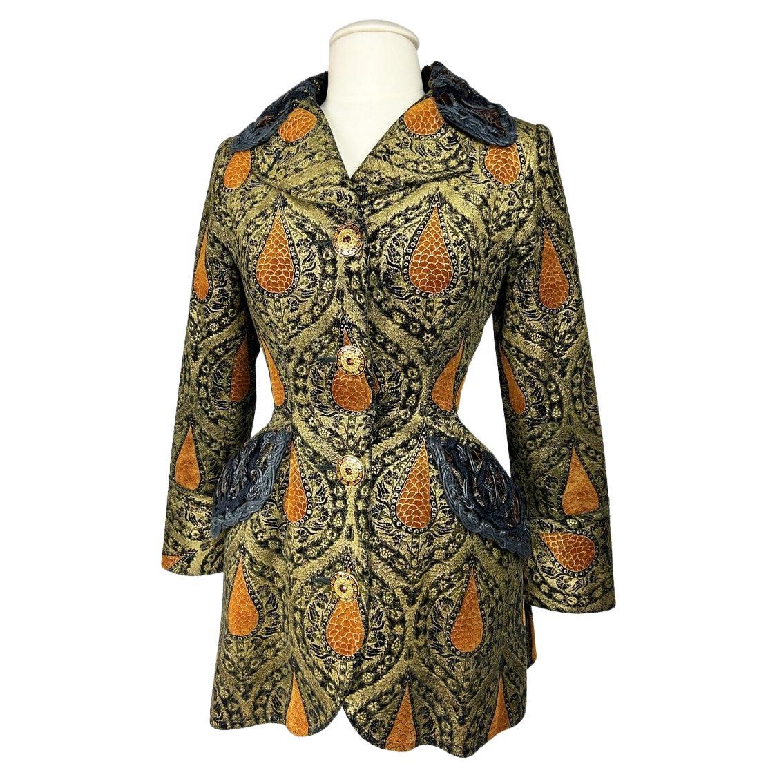 A Christian Lacroix Couture Frock Coat Golden Printed Jacket Circa 1990 For Sale