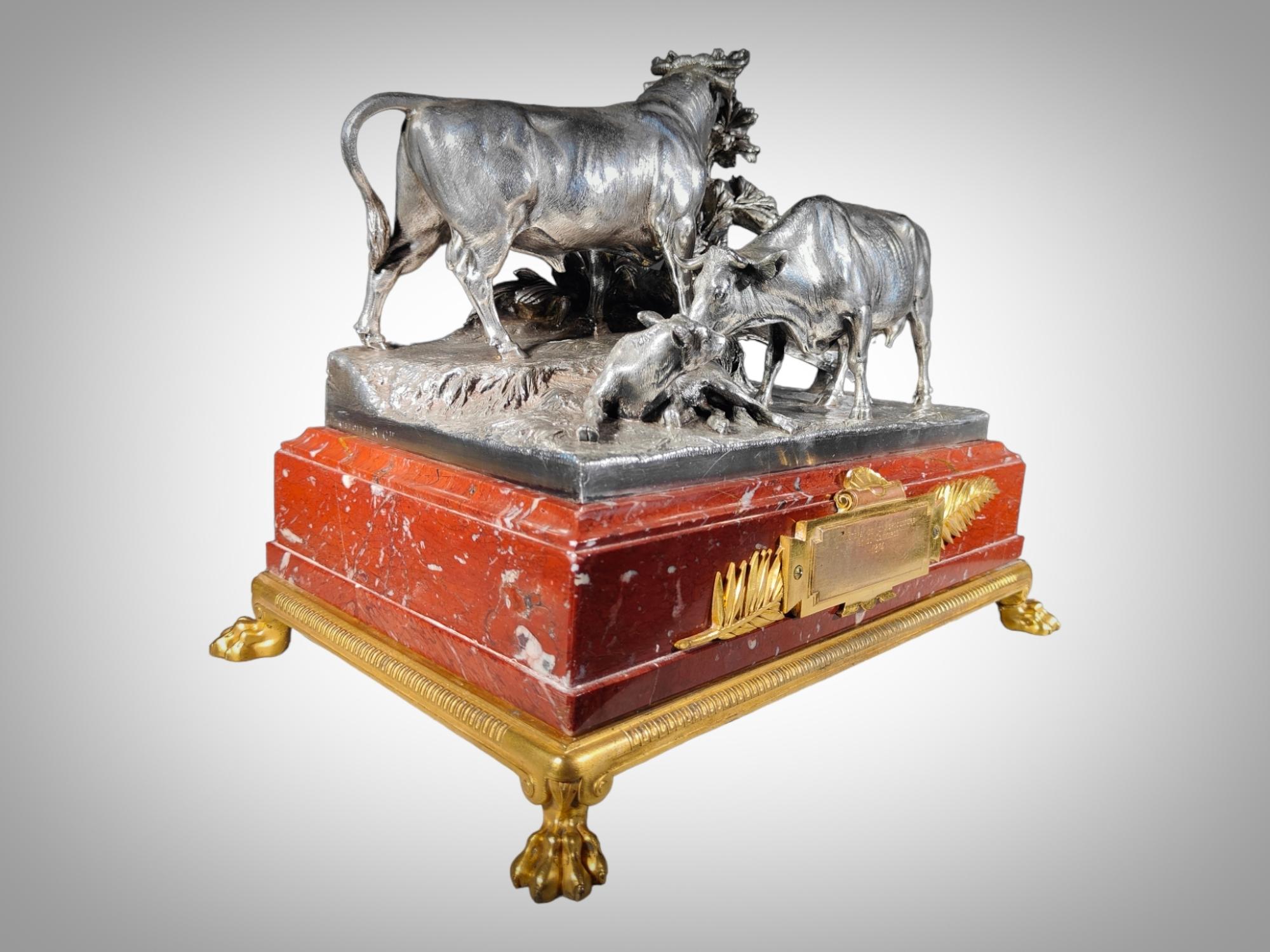 Christofle & Cie Silverplated Bronze Presentation Group of a Bull, a Cow and a 3