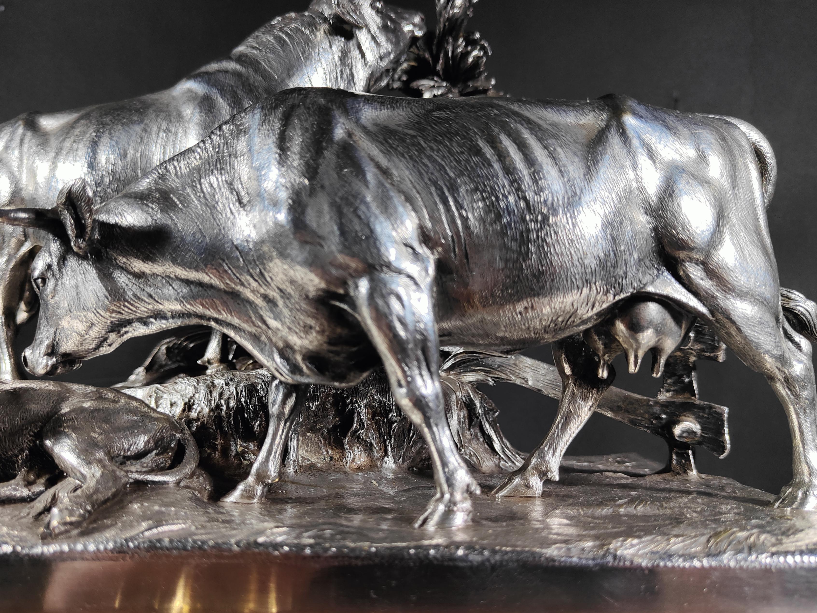 Christofle & Cie Silverplated Bronze Presentation Group of a Bull, a Cow and a In Good Condition In Madrid, ES