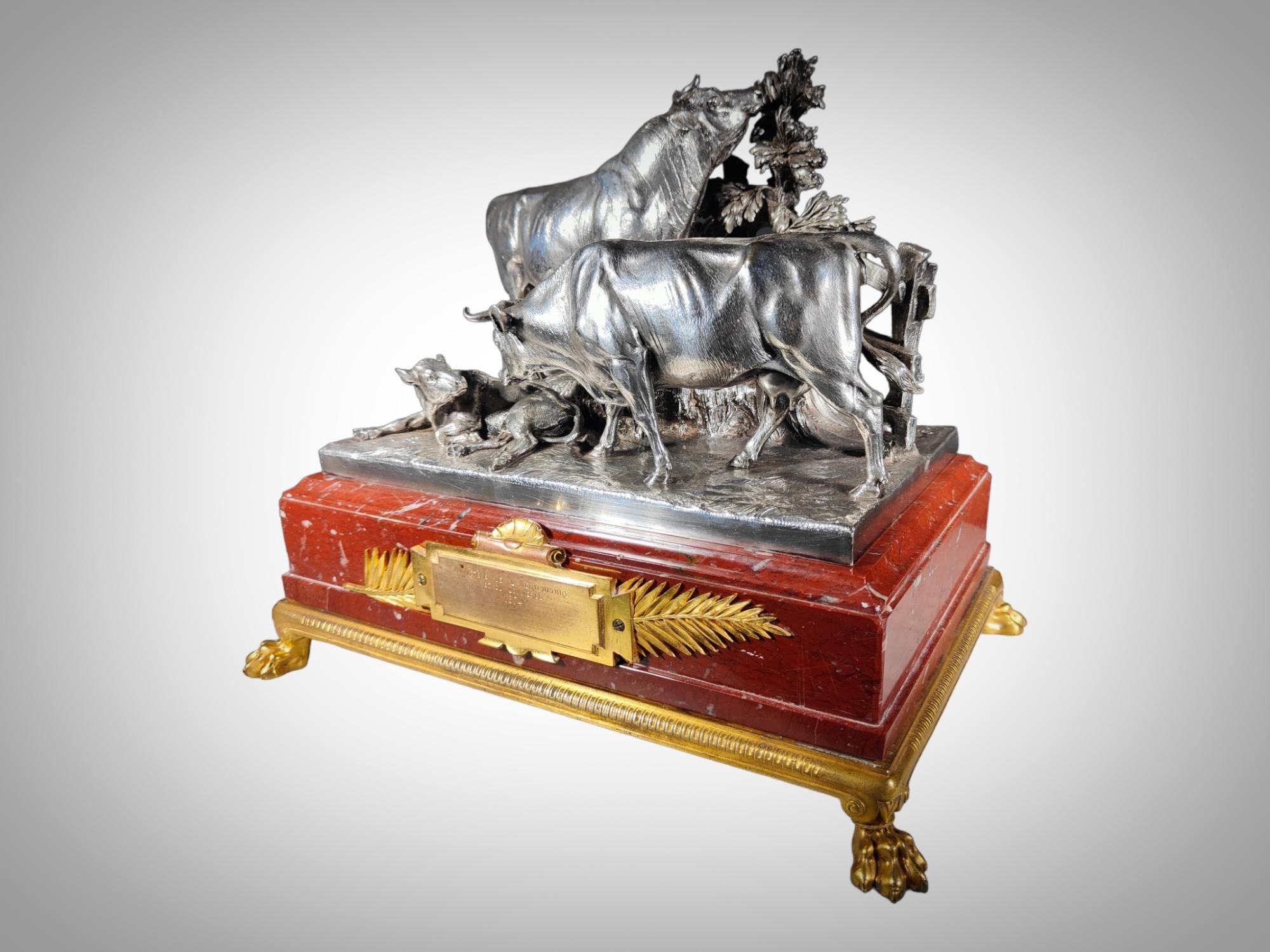 19th Century Christofle & Cie Silverplated Bronze Presentation Group of a Bull, a Cow and a