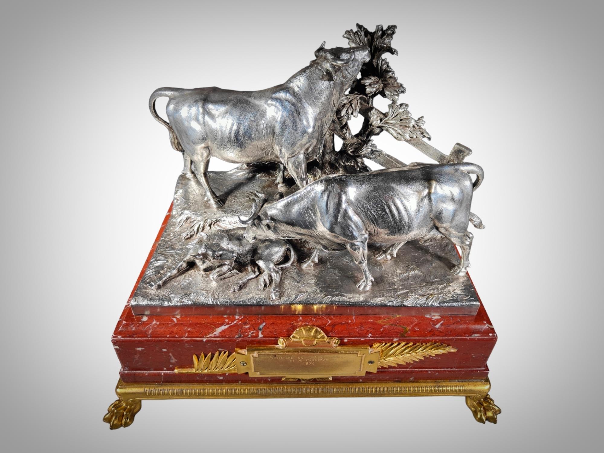 Marble Christofle & Cie Silverplated Bronze Presentation Group of a Bull, a Cow and a