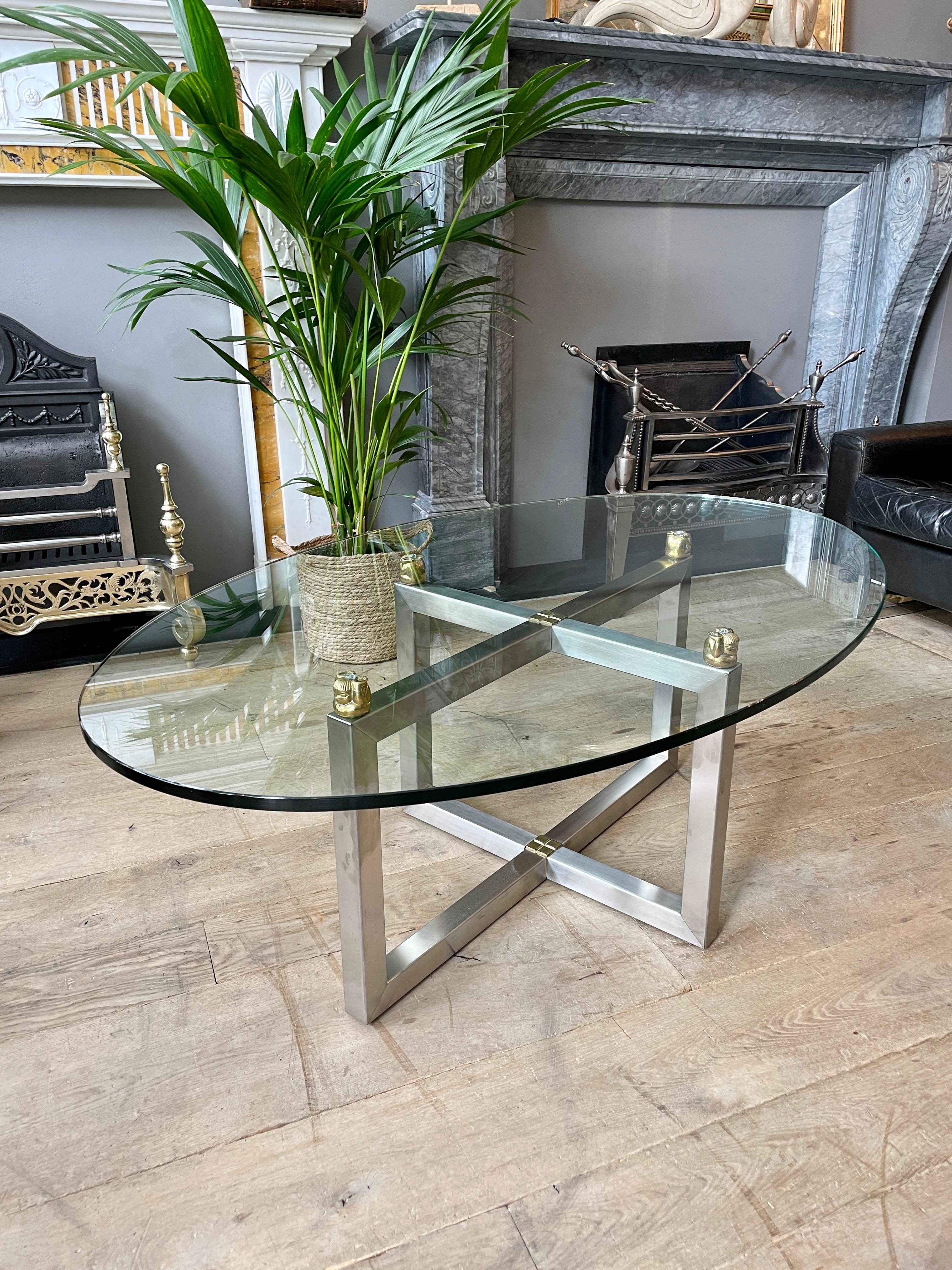 Modern Chrome and Brass Oval Cocktail Table by Peter Ghyczy