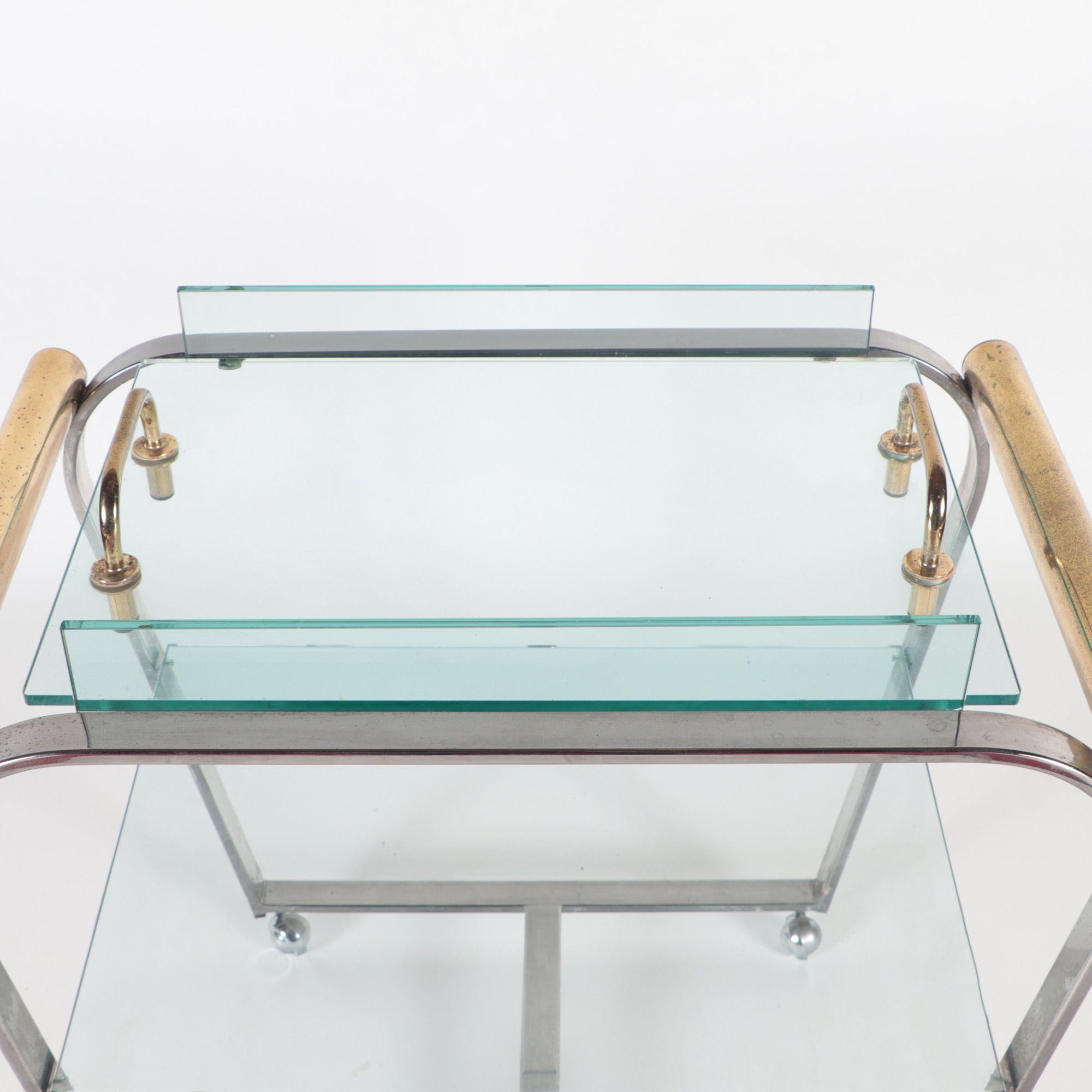 Chrome and Glass Bar Cart with Brass Details and Removable Tray, C 1980 In Good Condition For Sale In Philadelphia, PA
