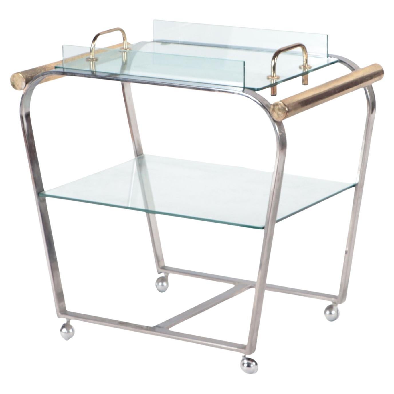 Chrome and Glass Bar Cart with Brass Details and Removable Tray, C 1980