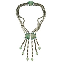 A chrome, moulded glass and green agate sautoir necklace, France, 1920s