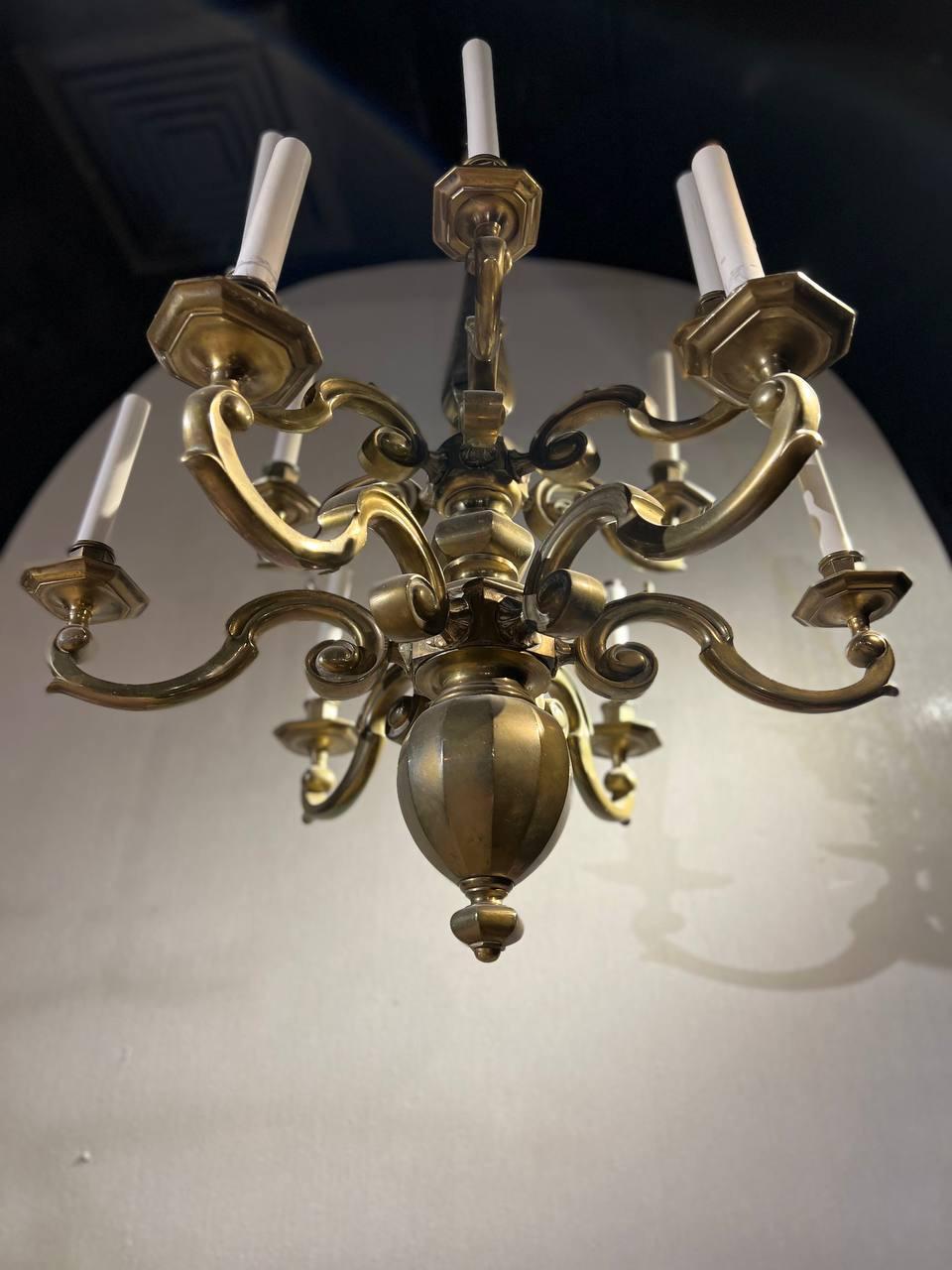 Dutch Colonial 1900's Dutch Two Tiered Bronze Chandelier with 12 lights For Sale