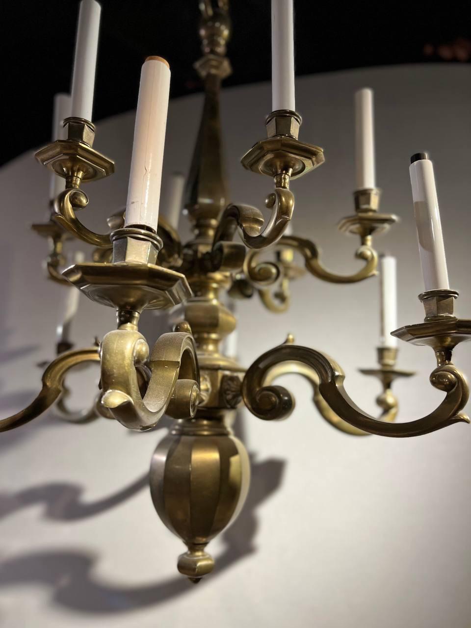 1900's Dutch Two Tiered Bronze Chandelier with 12 lights In Good Condition For Sale In New York, NY