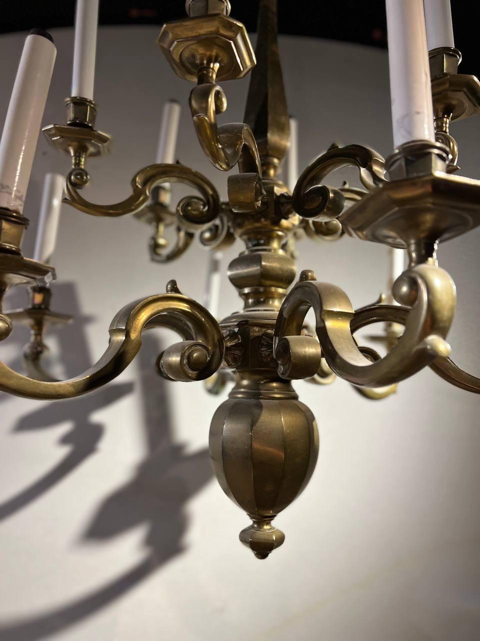 Early 20th Century 1900's Dutch Two Tiered Bronze Chandelier with 12 lights For Sale