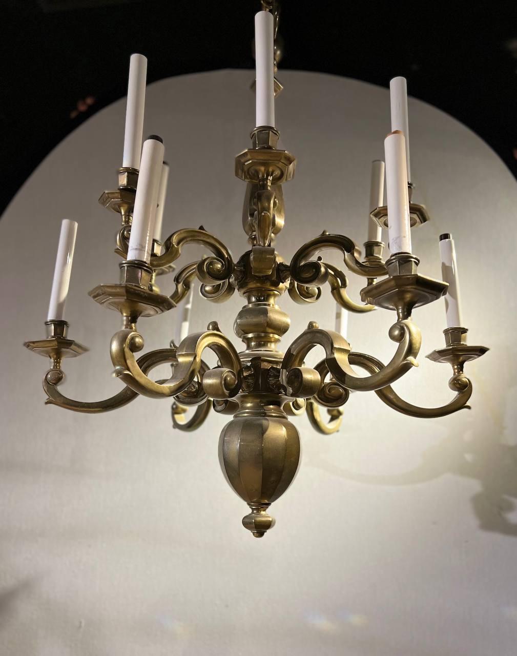 1900's Dutch Two Tiered Bronze Chandelier with 12 lights For Sale 1