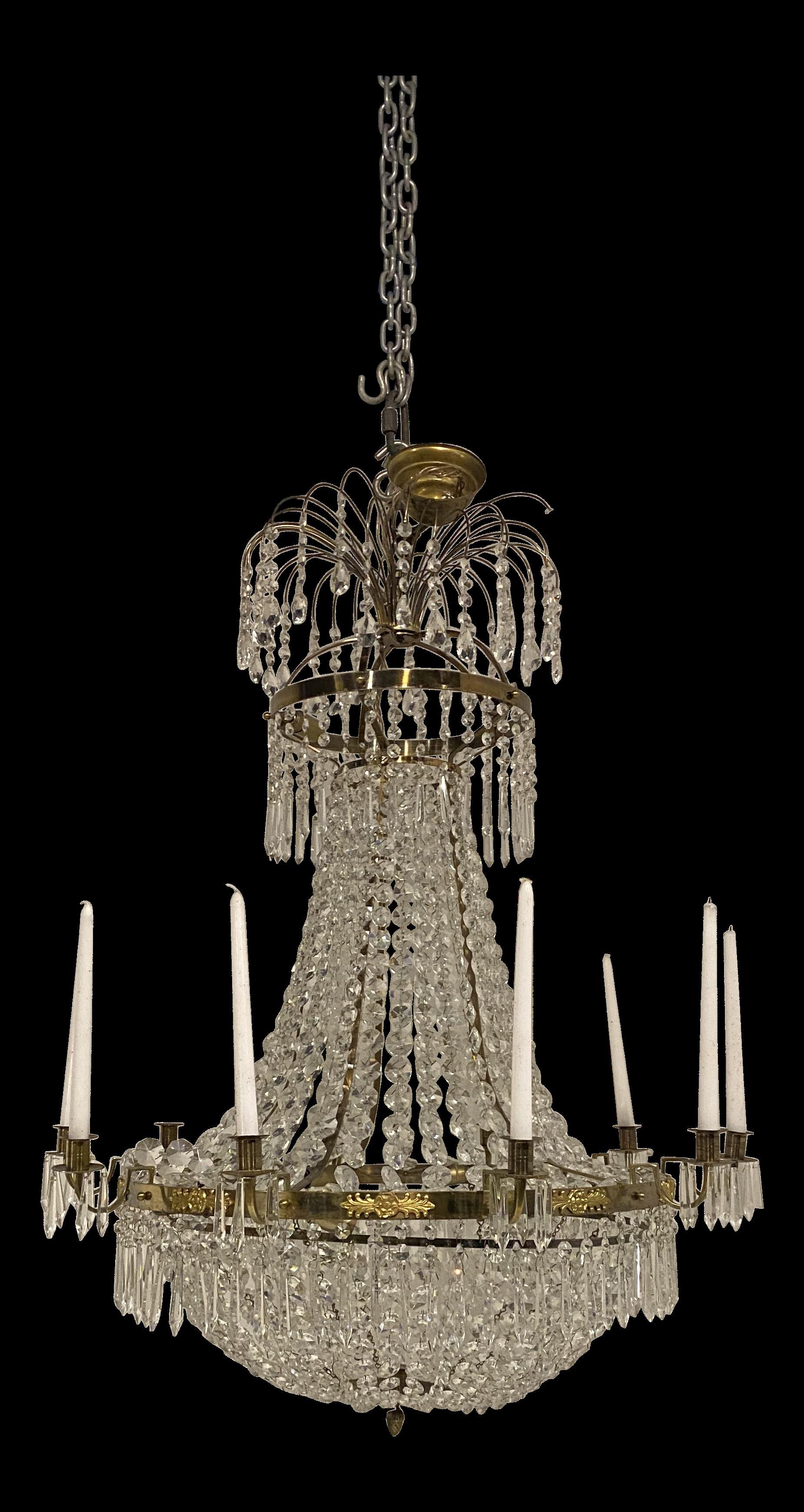 A circa 1900 Swedish Empire crystal chandelier with crystal hangings, 12 lights, newly rewire for the US