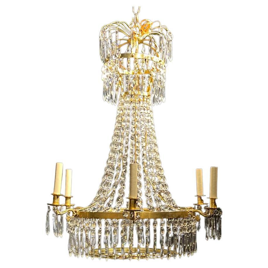 A circa 1900 Swedish Empire chandelier with Cobalt blue glass inset, with 6 lights