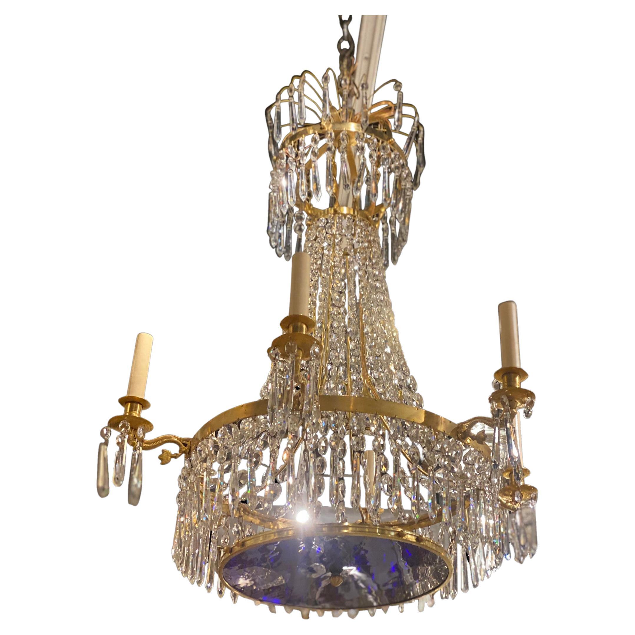 1900's Swedish Empire 6 Lights Chandelier with Cobalt Blue Glass In Good Condition For Sale In New York, NY