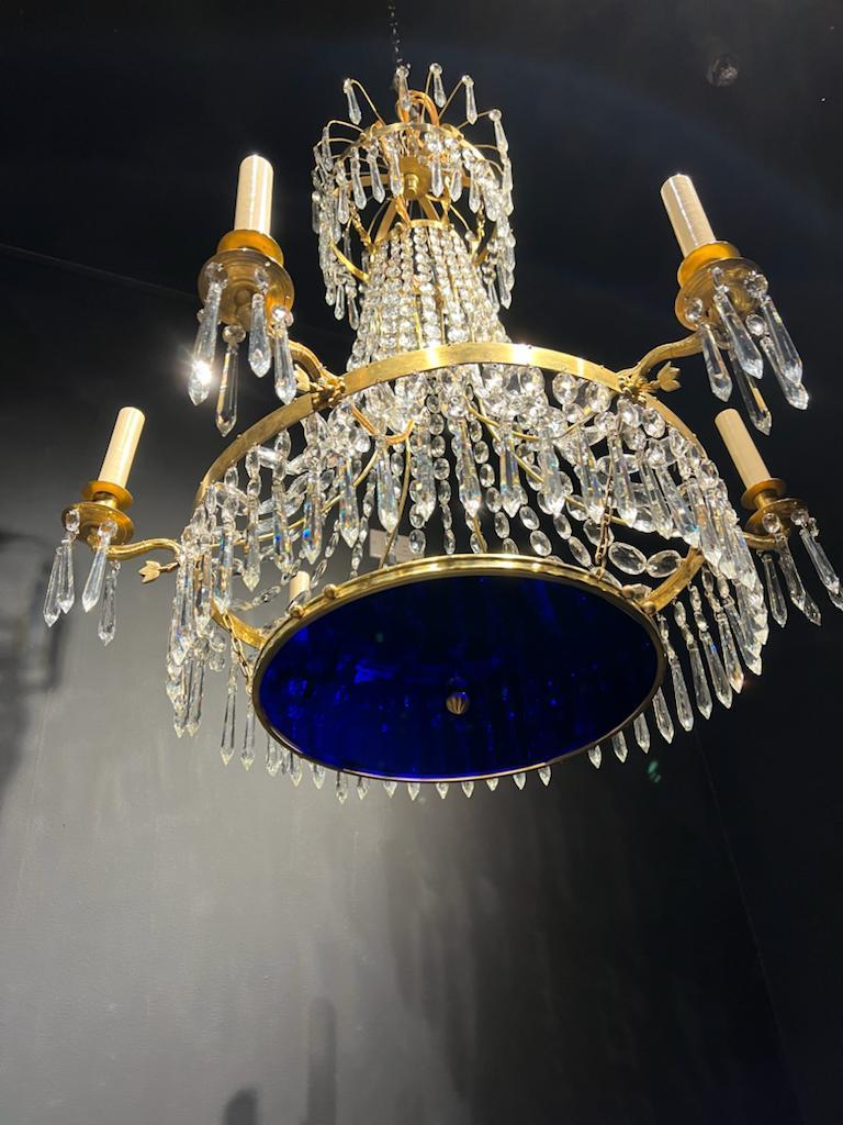 Early 20th Century 1900's Swedish Empire 6 Lights Chandelier with Cobalt Blue Glass For Sale