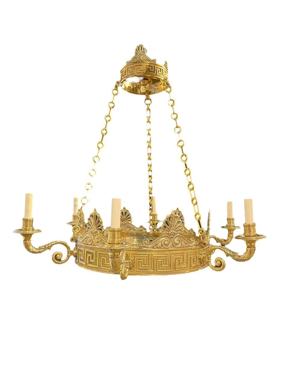 Neoclassical 1900's Caldwell Bronze Chandelier with Greek Key For Sale