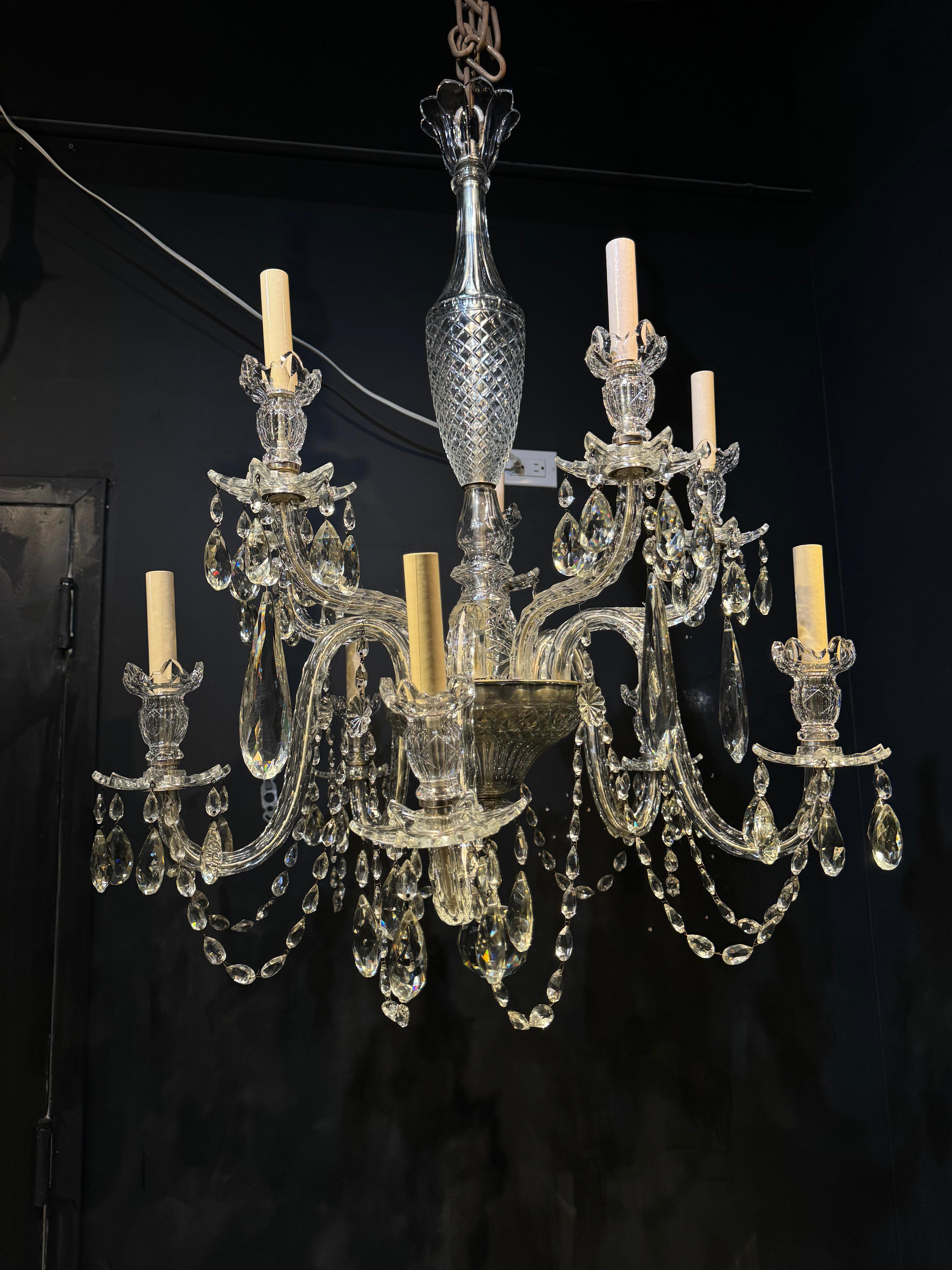 A circa 1900's French Baccarat cut crystal 10 lights chandelier with unusual 5 long crystal drops. Mint condition