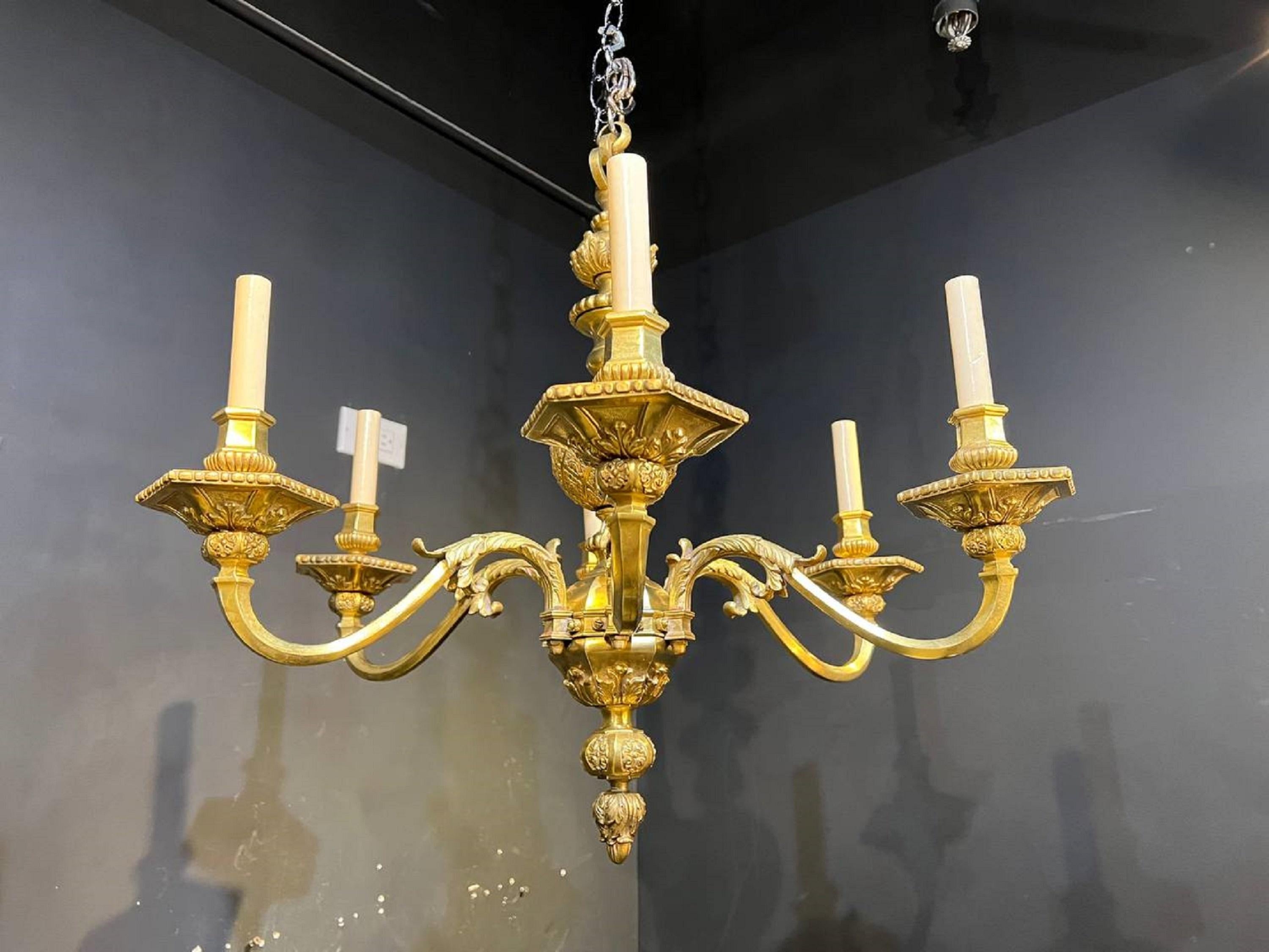 Neoclassical 1900's Caldwell Bronze Engraved Chandelier with 6 lights For Sale