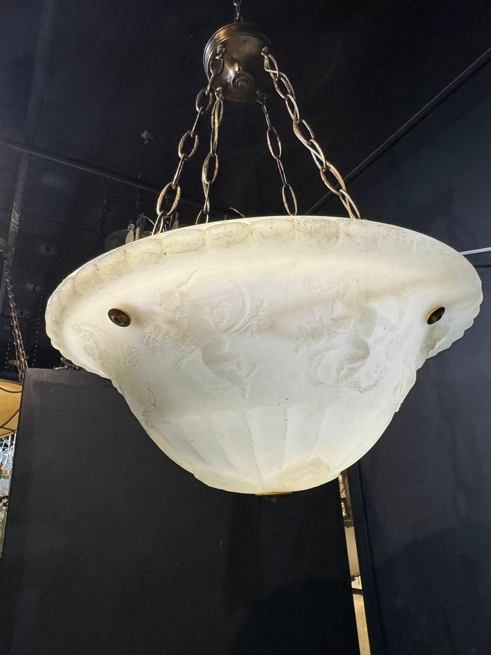 1900's White Molded Glass Light Fixture with Cherubs For Sale 2
