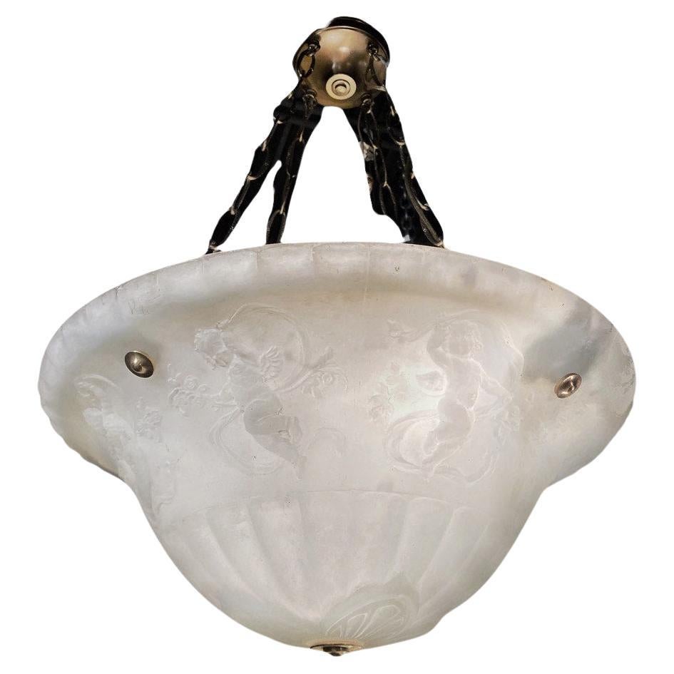 1900's White Molded Glass Light Fixture with Cherubs For Sale