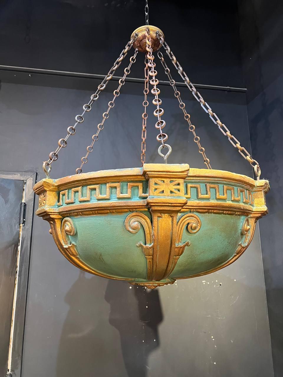 American Classical 1900's Neoclassic Green and Gold Light Fixture For Sale