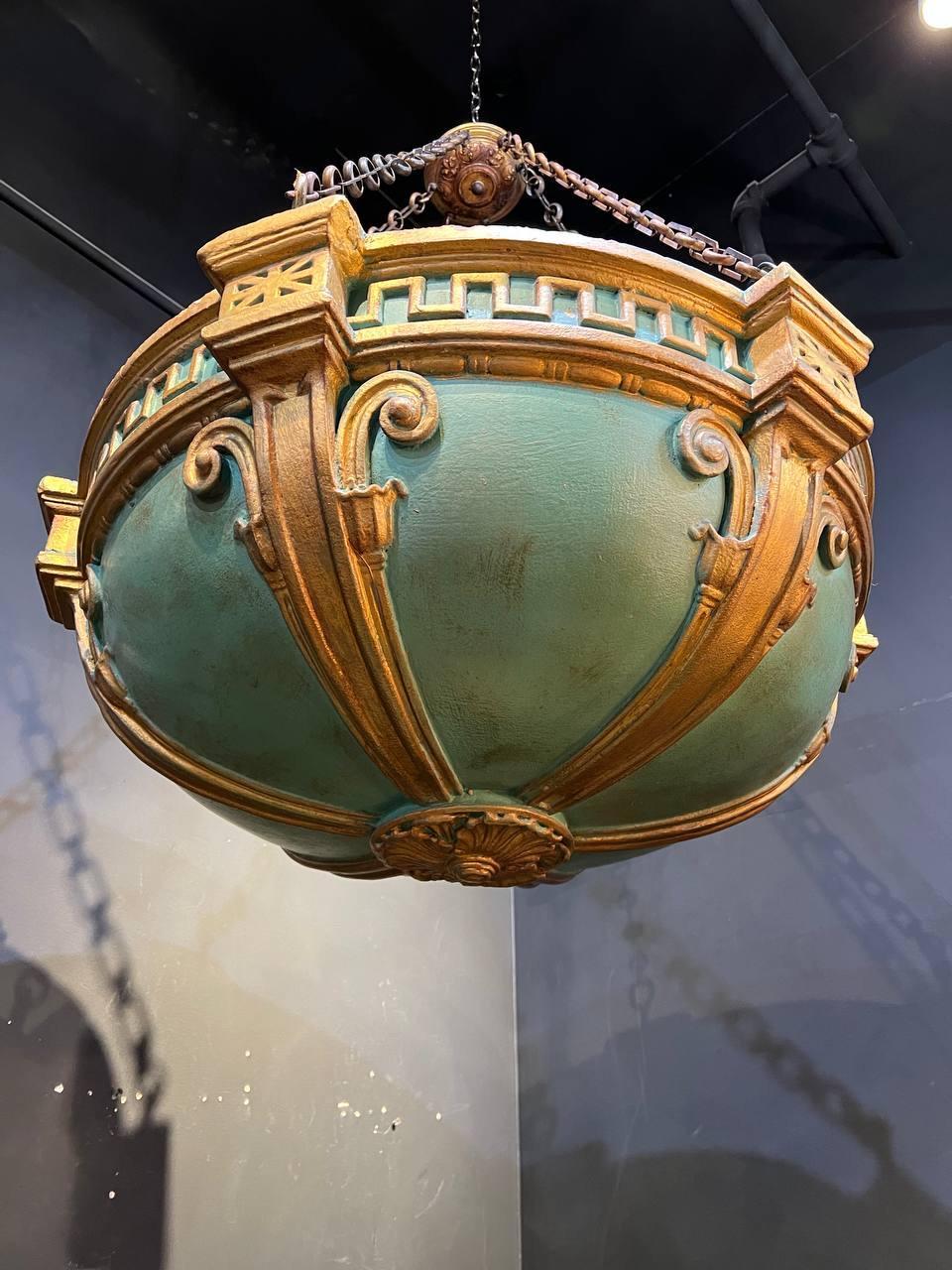 Cold-Painted 1900's Neoclassic Green and Gold Light Fixture For Sale
