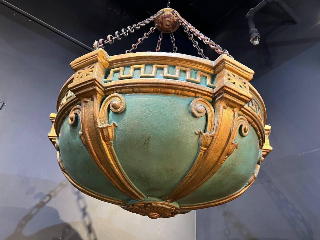 Early 20th Century 1900's Neoclassic Green and Gold Light Fixture For Sale