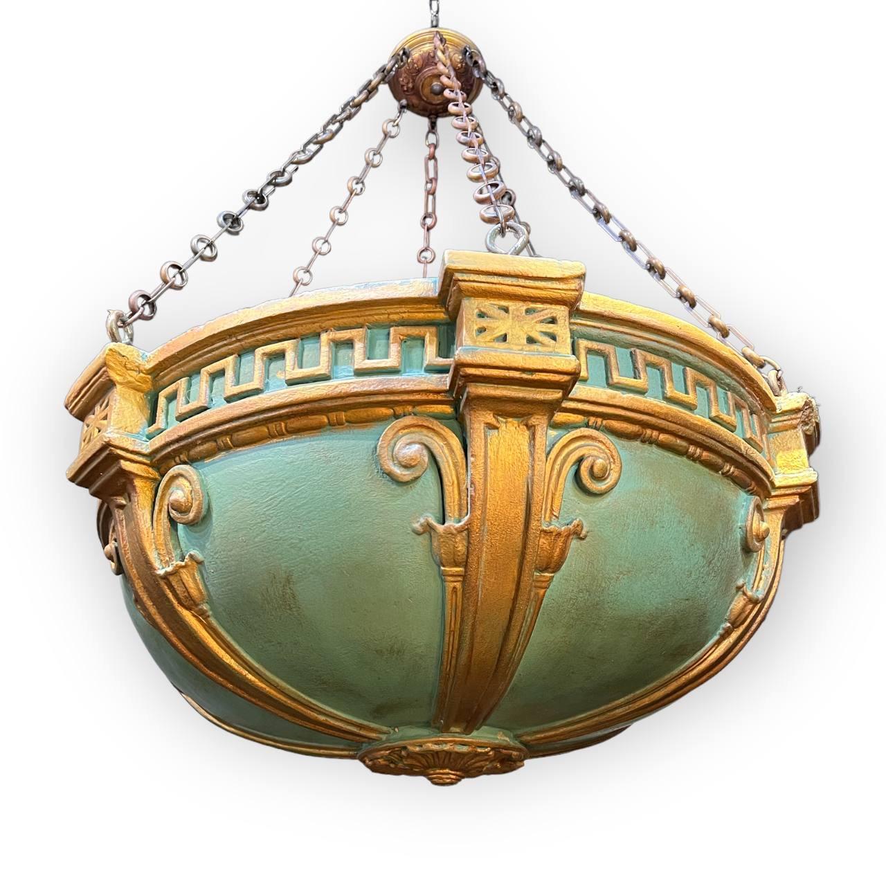 Plaster 1900's Neoclassic Green and Gold Light Fixture For Sale