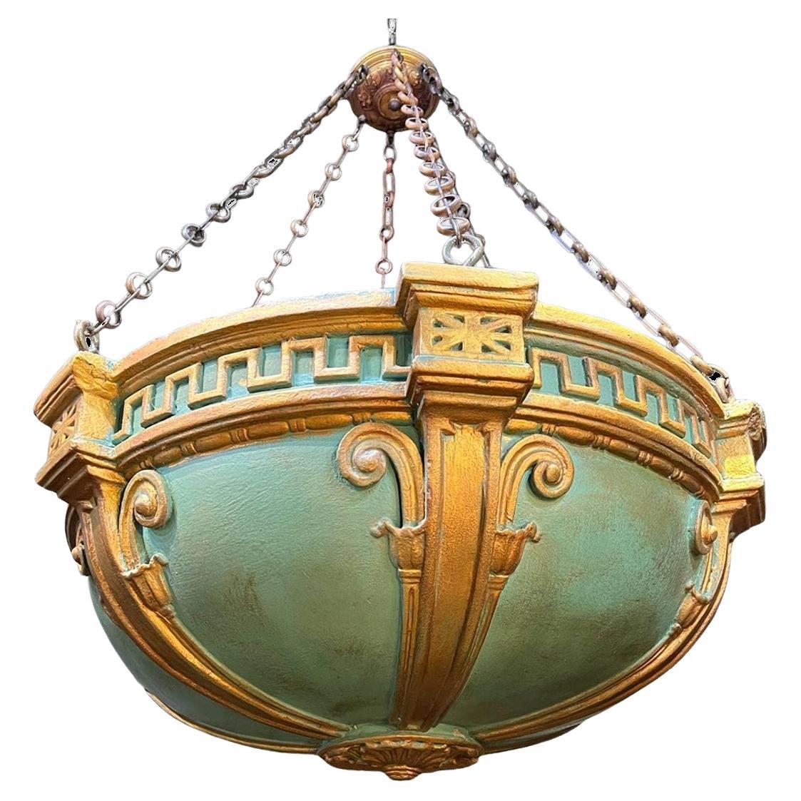 1900's Neoclassic Green and Gold Light Fixture For Sale