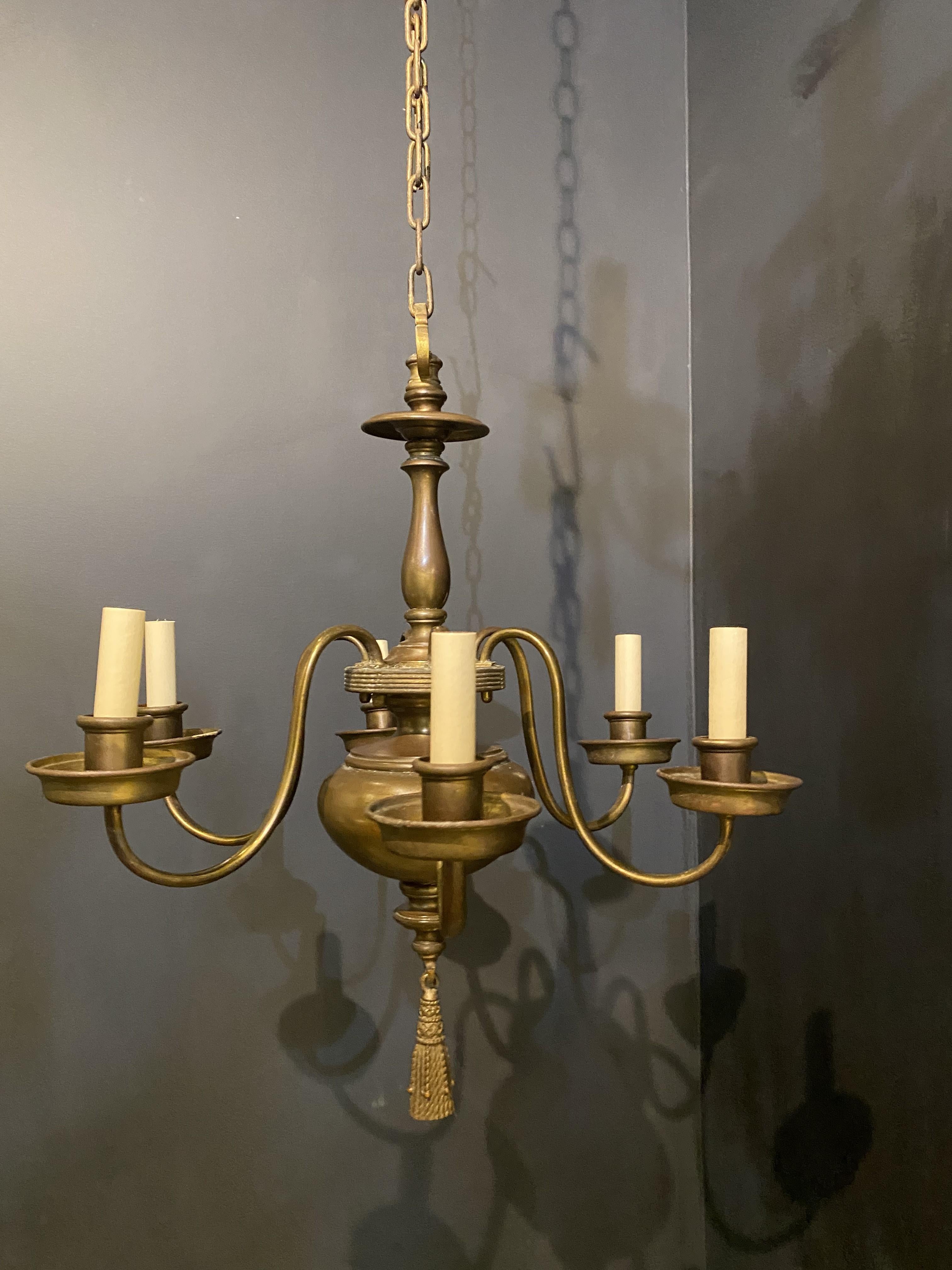 American 1910's Caldwell Williamsburg Style Bronze Chandelier with 6 Lights For Sale