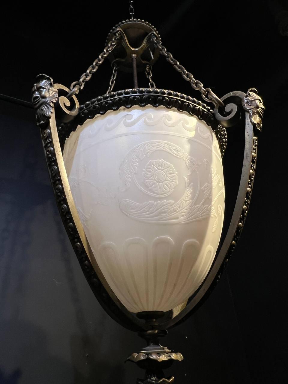 Neoclassical 1920's Caldwell Lantern with White Etched Glass For Sale