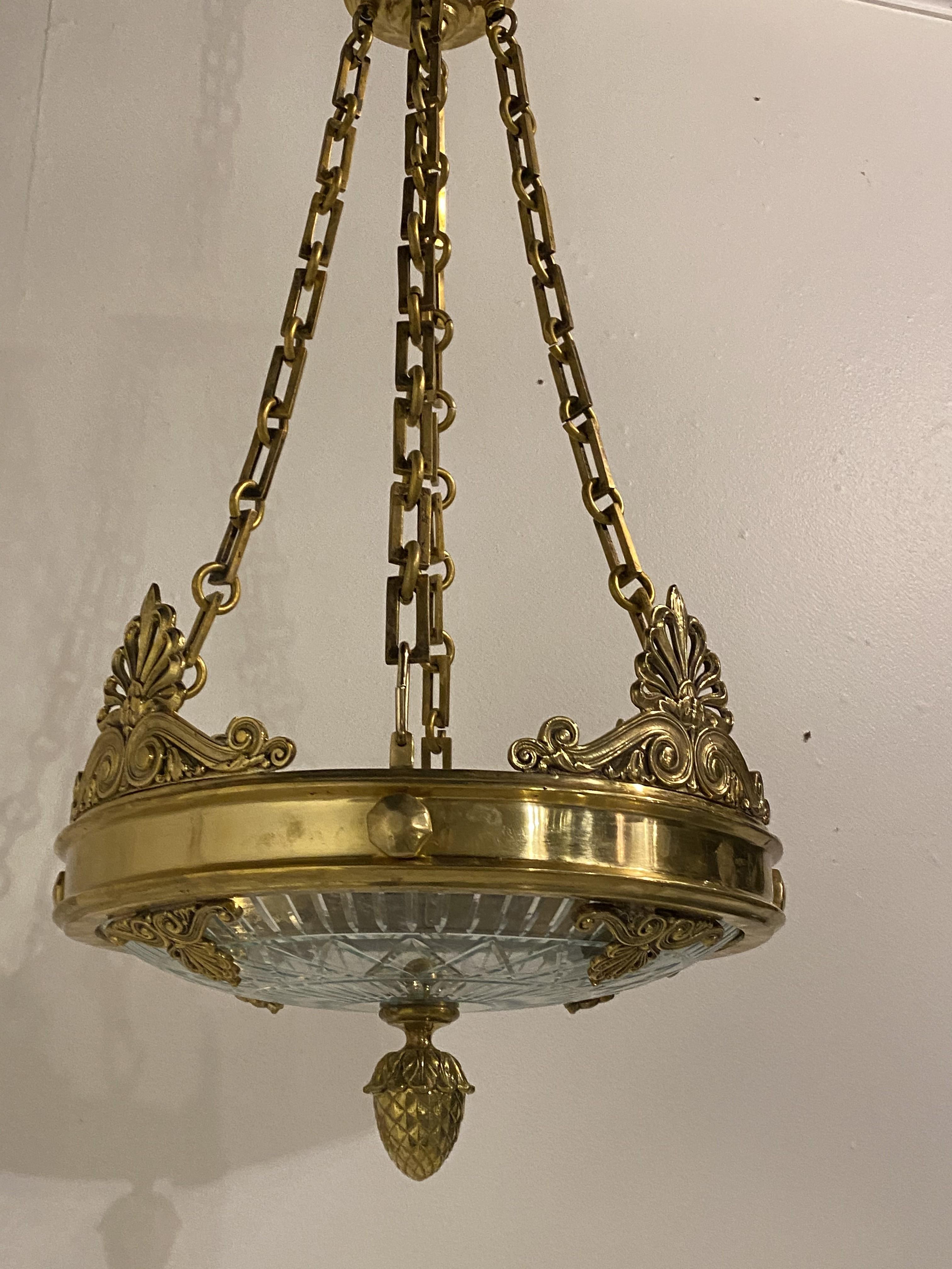 American 1920's Caldwell Gilt Bronze Neoclassical Chandelier with Cut Glass For Sale