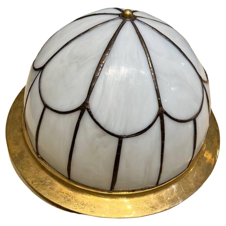 American Classical 1920's Gilt Bronze Flush Mounted with Opaline Leaded Glass For Sale