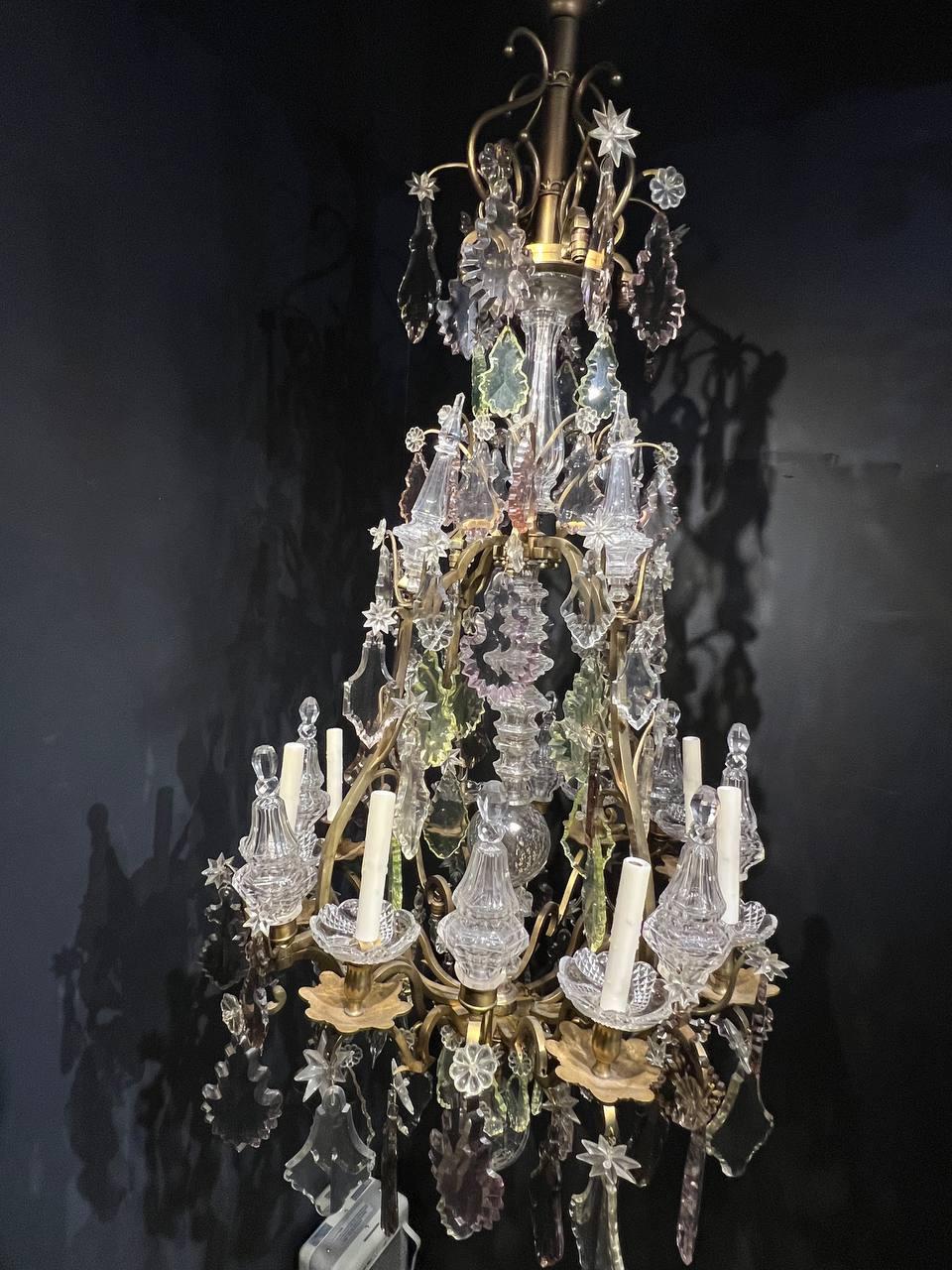 French Provincial 1920's Large Bronze and Crystal Hangings Chandelier For Sale