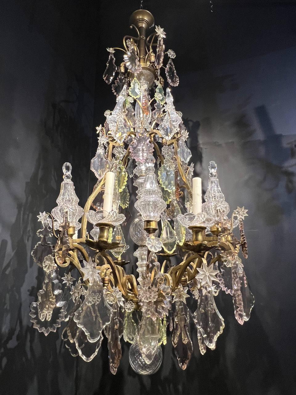 1920's Large Bronze and Crystal Hangings Chandelier In Good Condition For Sale In New York, NY