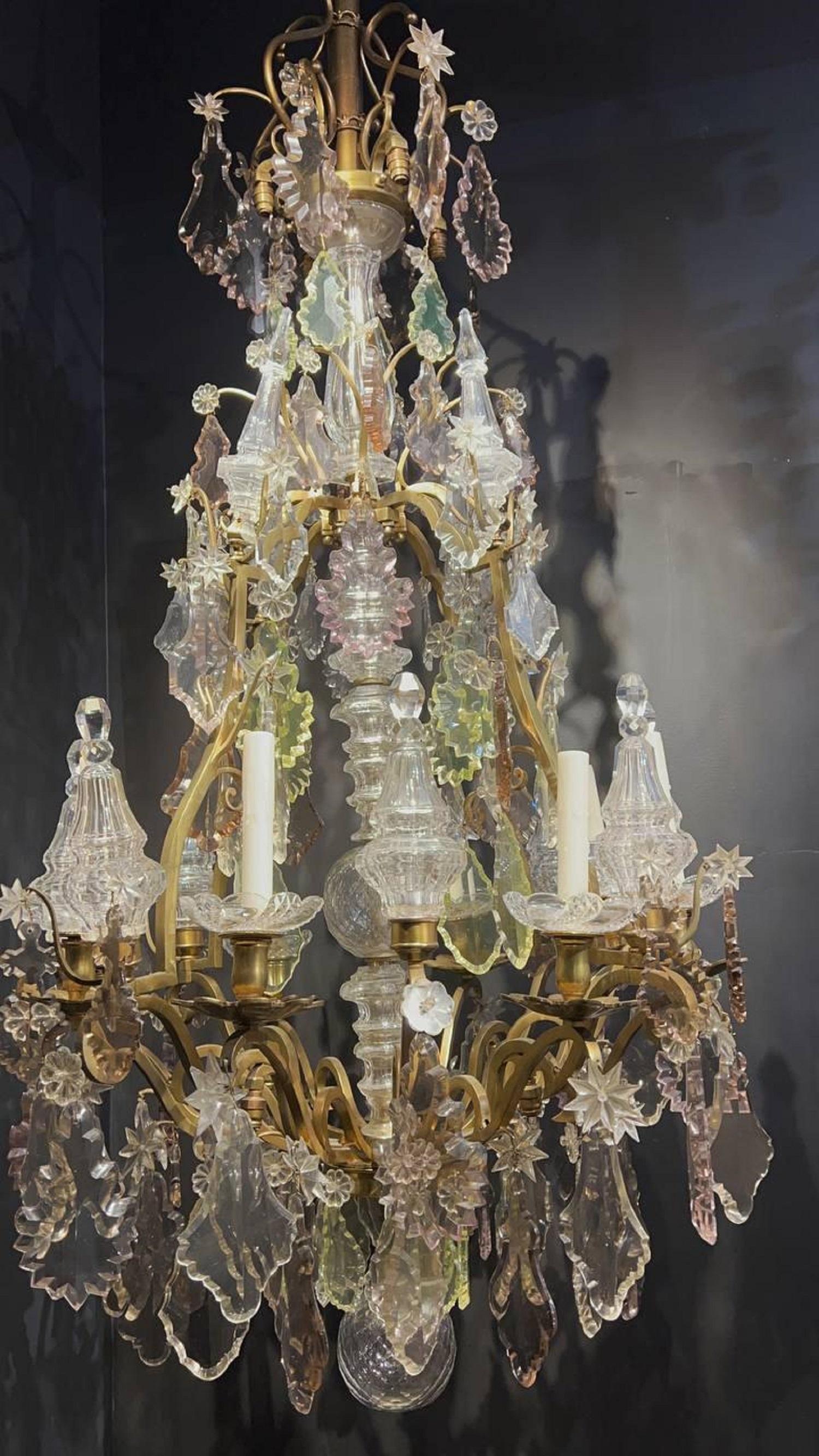 1920's Large Bronze and Crystal Hangings Chandelier For Sale 1
