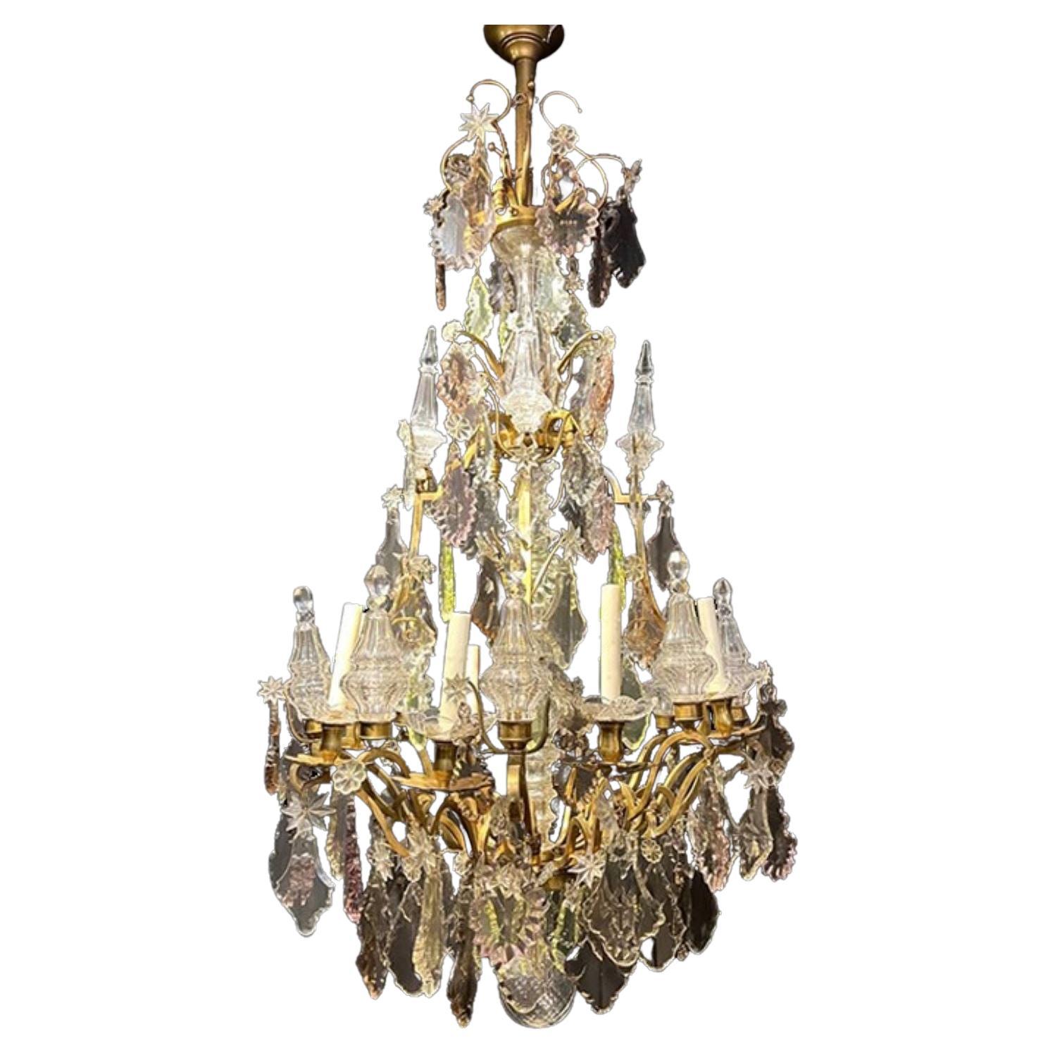 1920's Large Bronze and Crystal Hangings Chandelier For Sale