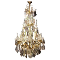 Antique 1920's Large Bronze and Crystal Hangings Chandelier