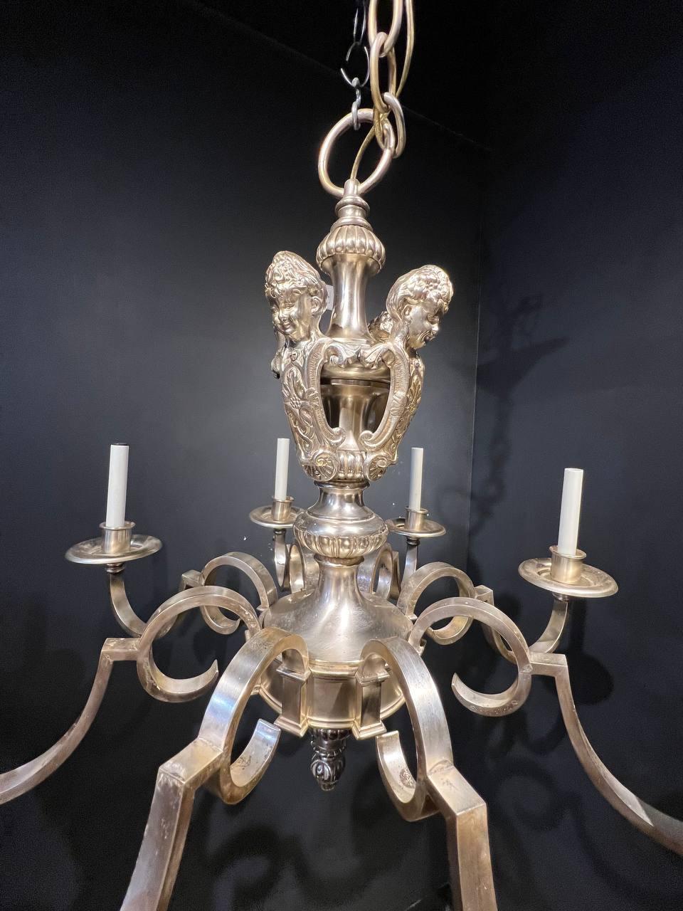 Adam Style 1920's Silver Plated Caldwell 8 Lights Chandelier with Cherubs  For Sale