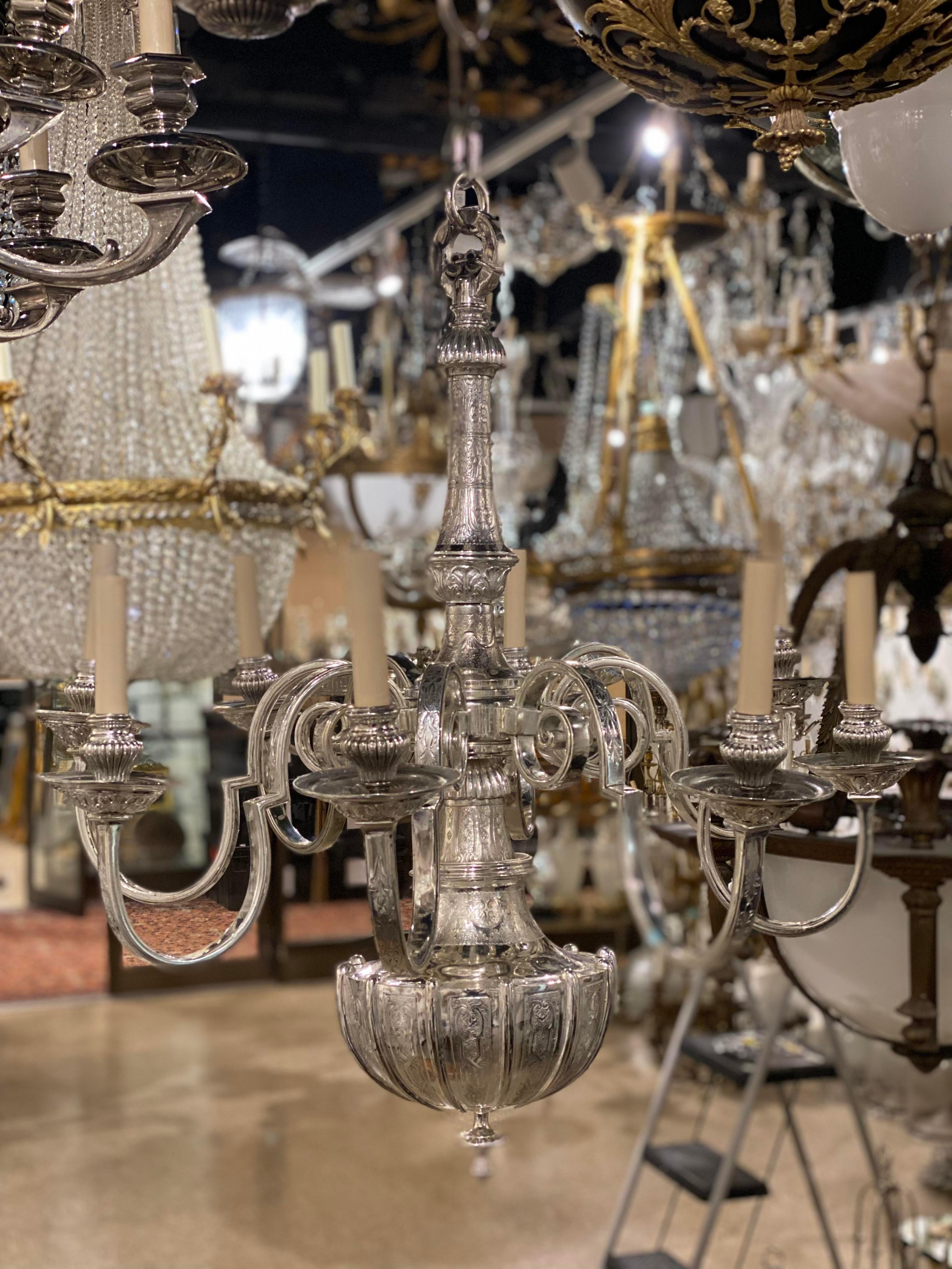 Early 20th Century 1920's Silver Plated Caldwell Engraved Chandelier with For Sale