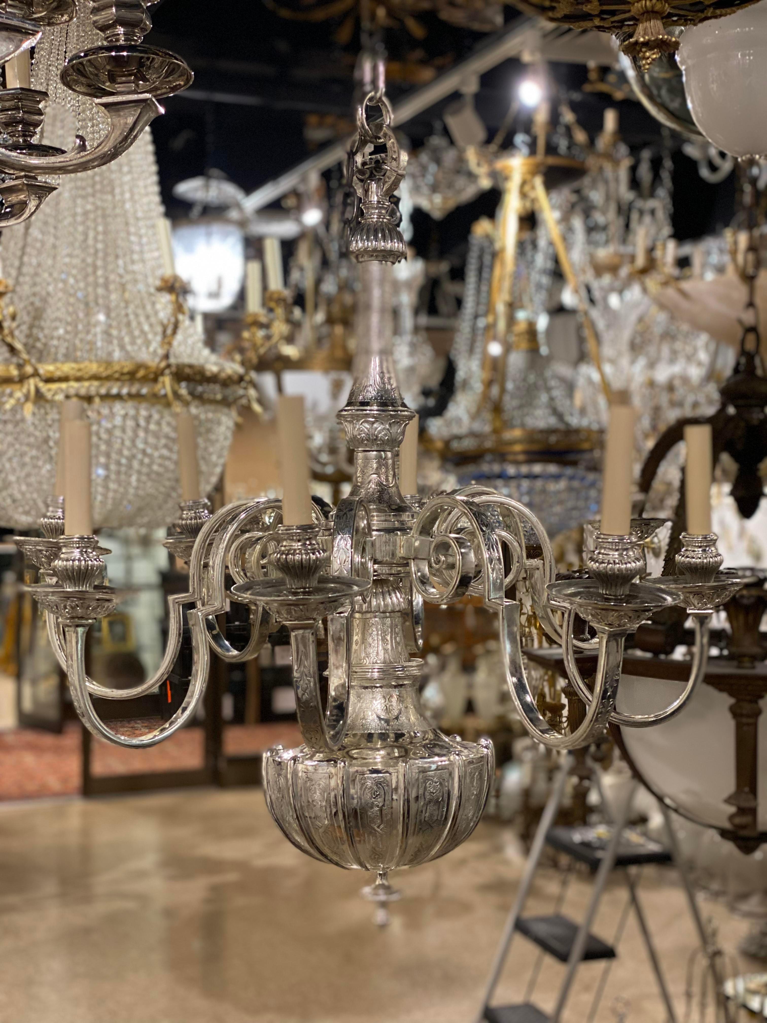 1920's Silver Plated Caldwell Engraved Chandelier with For Sale 2