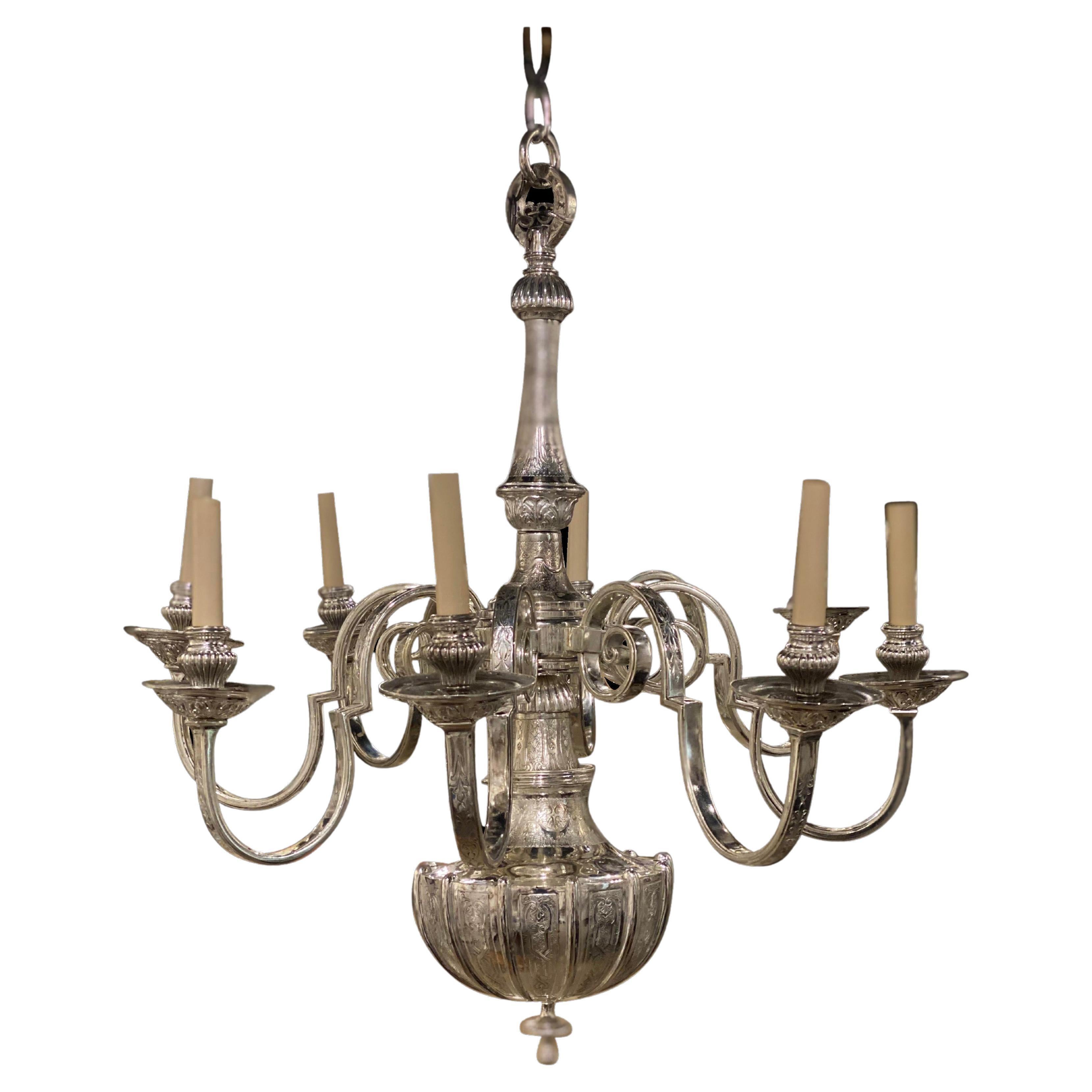 1920's Silver Plated Caldwell Engraved Chandelier with For Sale