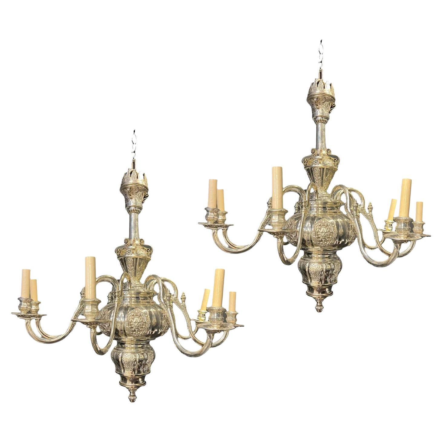 1920's Silver Plated Caldwell Chandeliers with 8 Lights For Sale