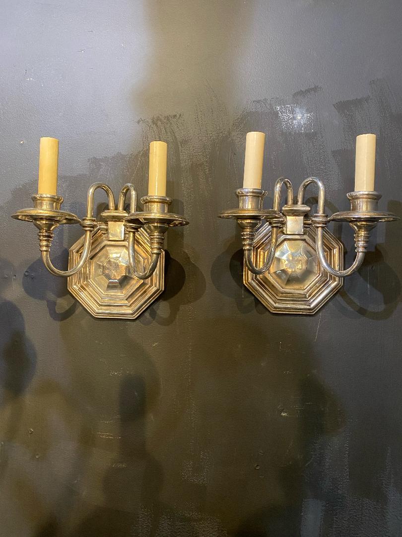 Adam Style 1920's Silver Plated Caldwell Sconces For Sale