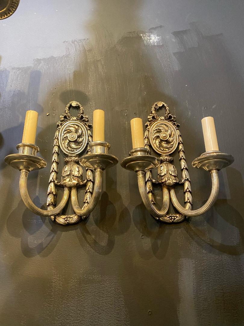 Adam Style 1920's Silver Plated Caldwell Sconces with Acanthus Leaves  For Sale