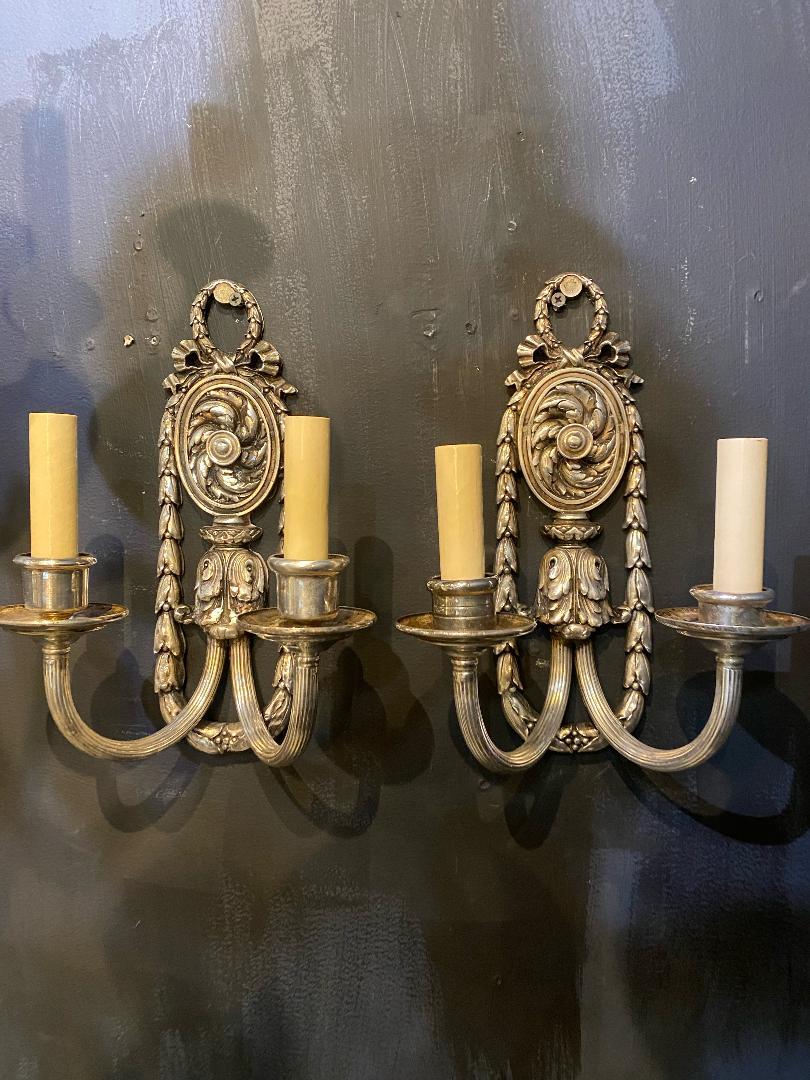 Silvered 1920's Silver Plated Caldwell Sconces with Acanthus Leaves  For Sale