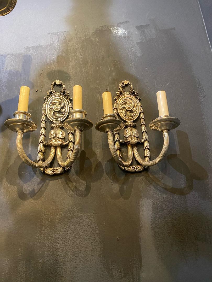 Bronze 1920's Silver Plated Caldwell Sconces with Acanthus Leaves  For Sale